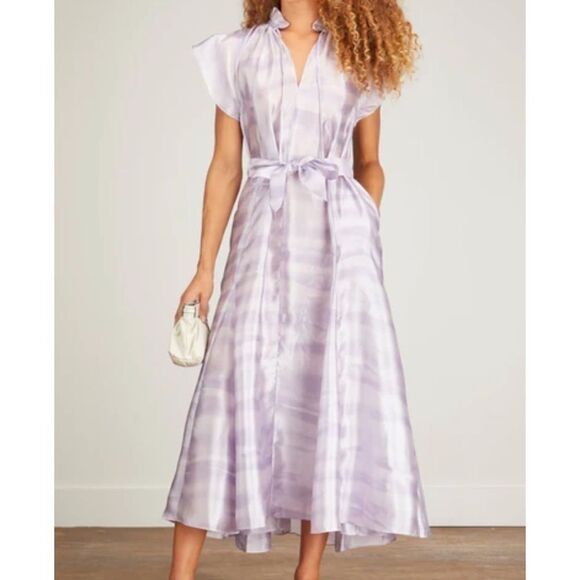 NEW Samsoe purple tie dye printed flowy flutter sleeve midi dress size medium - Picture 1 of 13